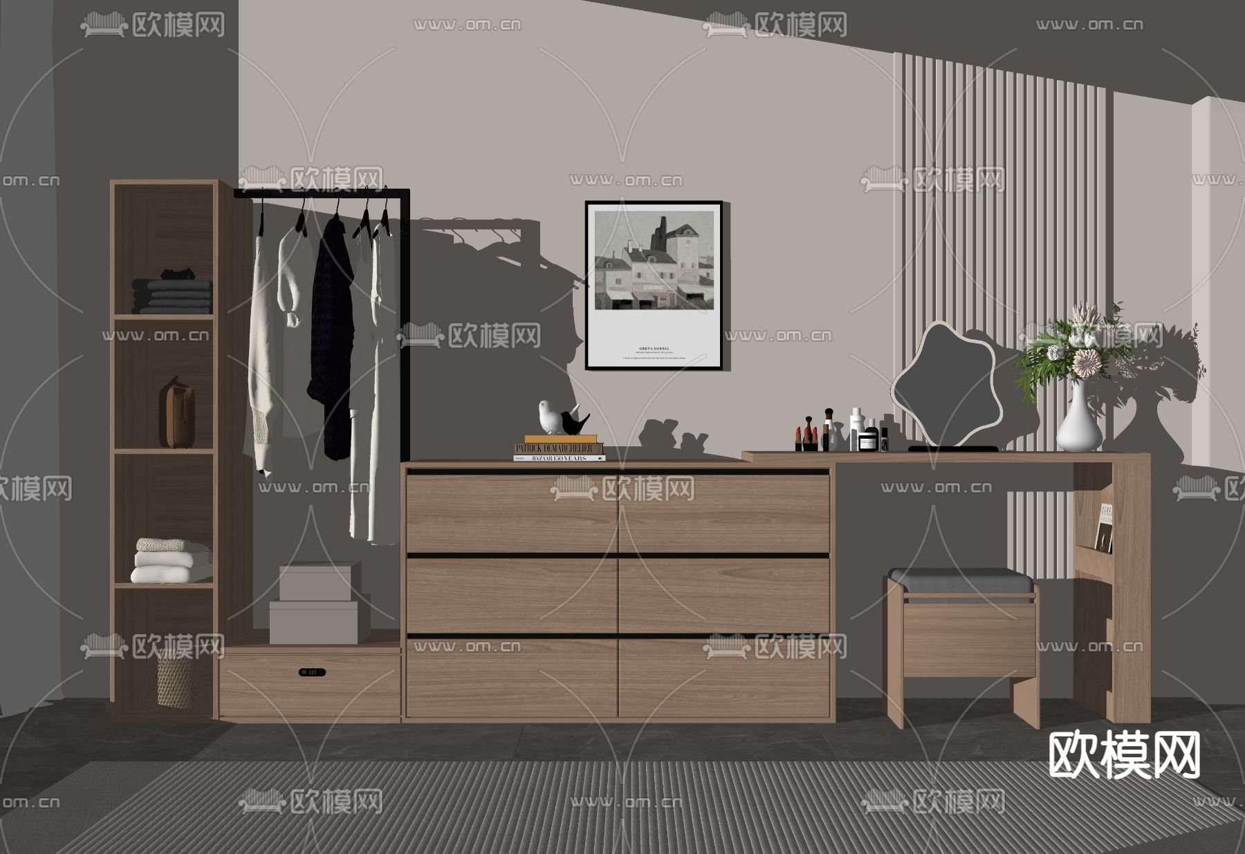 中古风梳妆台 斗柜 收纳柜su模型下载（渲染图2）