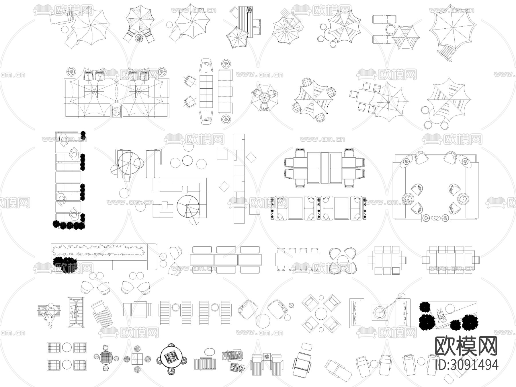 2024年最新景观庭院户外桌椅cad图库下载（渲染图3）