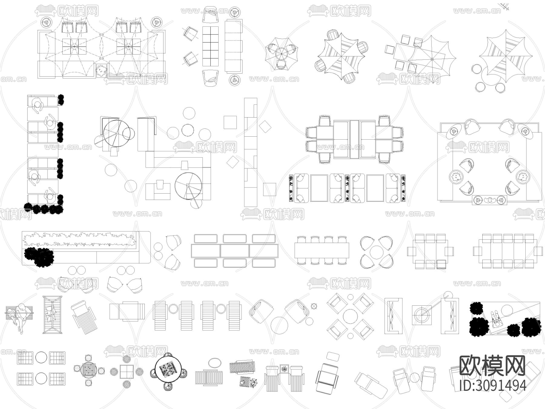 2024年最新景观庭院户外桌椅cad图库下载（渲染图1）