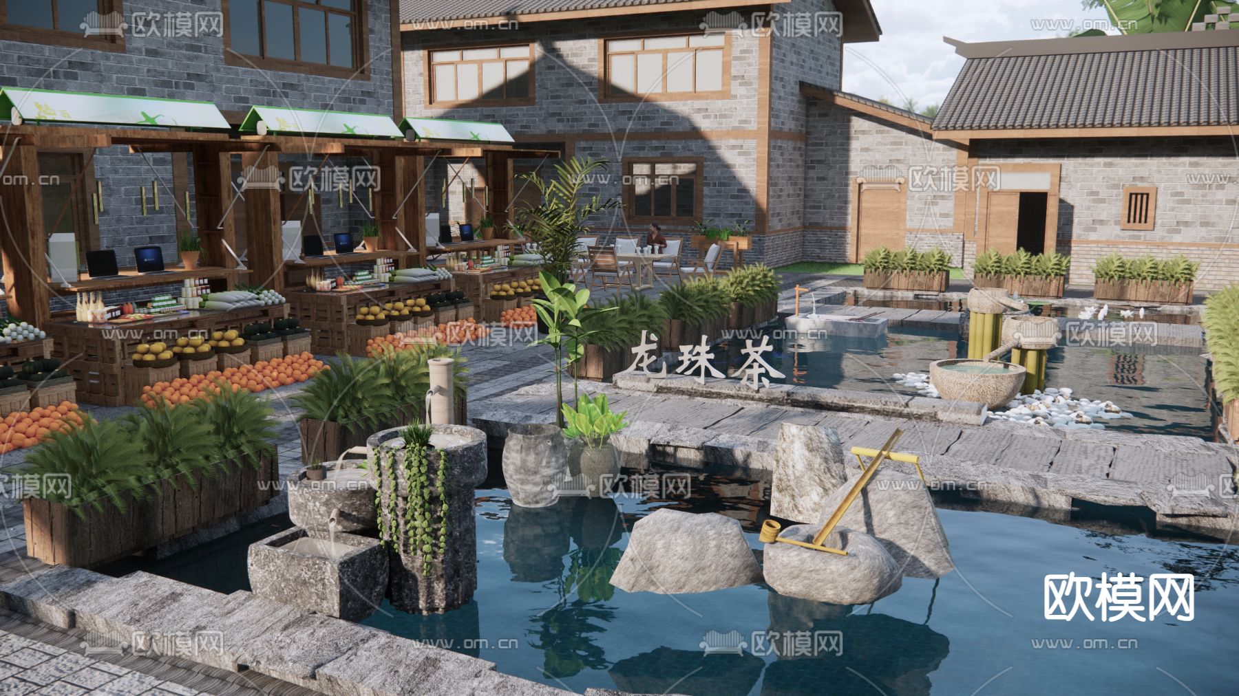 中式商业街节点 水景观小品su模型下载（渲染图3）