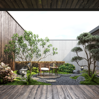  禅意天井庭院 景观小品su模型 