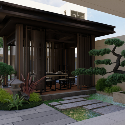  新中式别墅园林 景观庭院su模型 