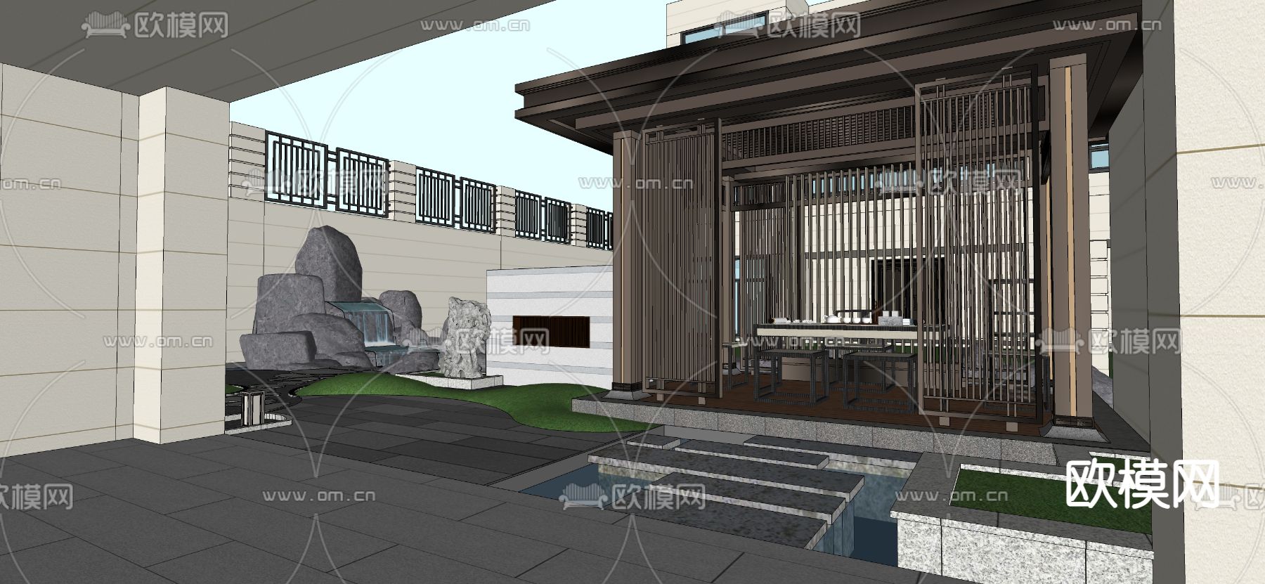 新中式别墅园林 景观庭院su模型下载（渲染图1）