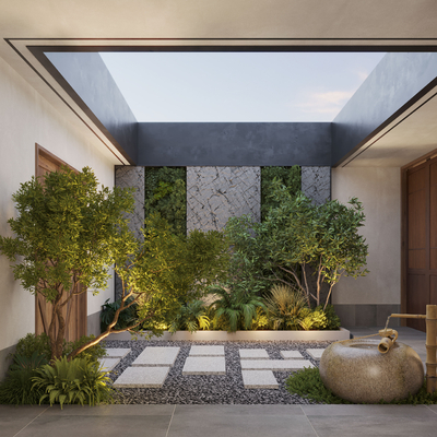  现代天井庭院景观su模型 