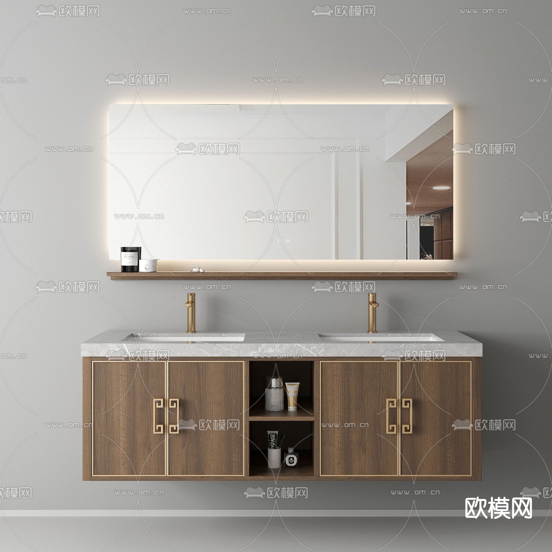 新中式浴室柜 双盆洗手台 洗手盆3d模型下载