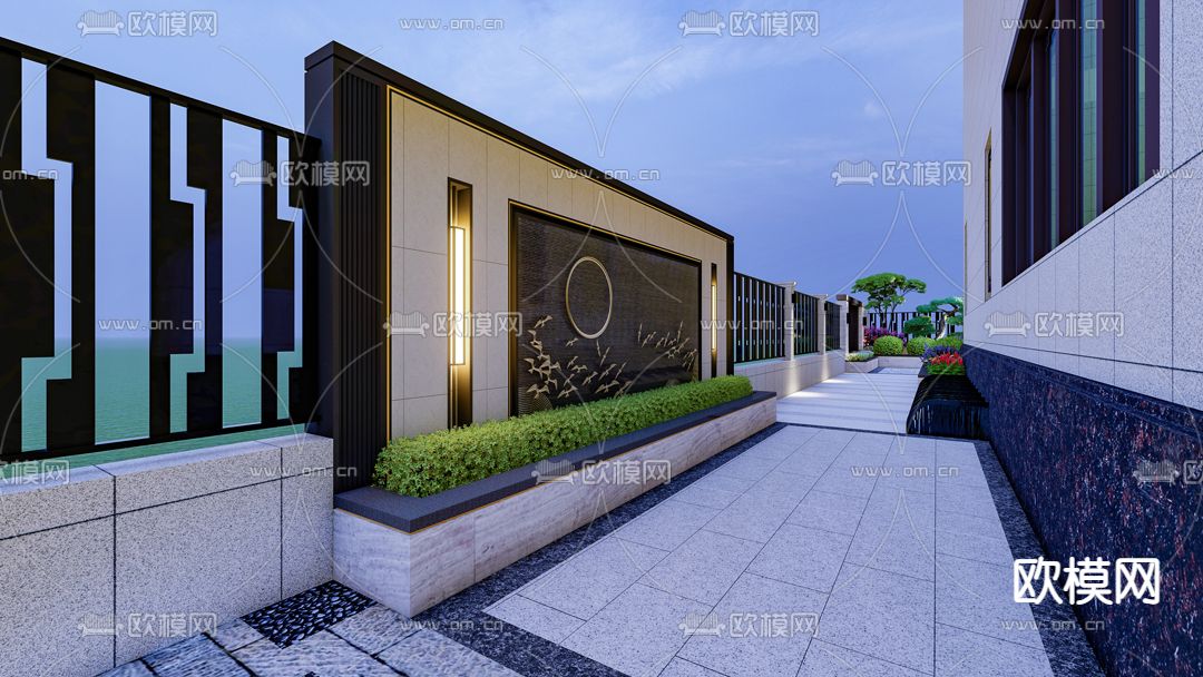 新中式别墅园林 景观庭院su模型下载（渲染图3）