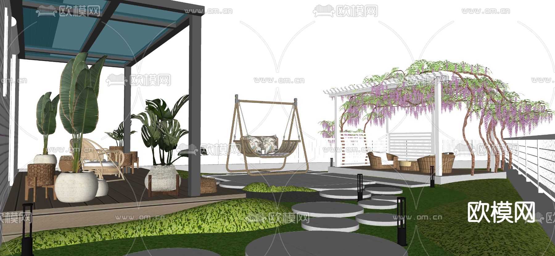 现代别墅园林 景观庭院su模型下载（渲染图1）