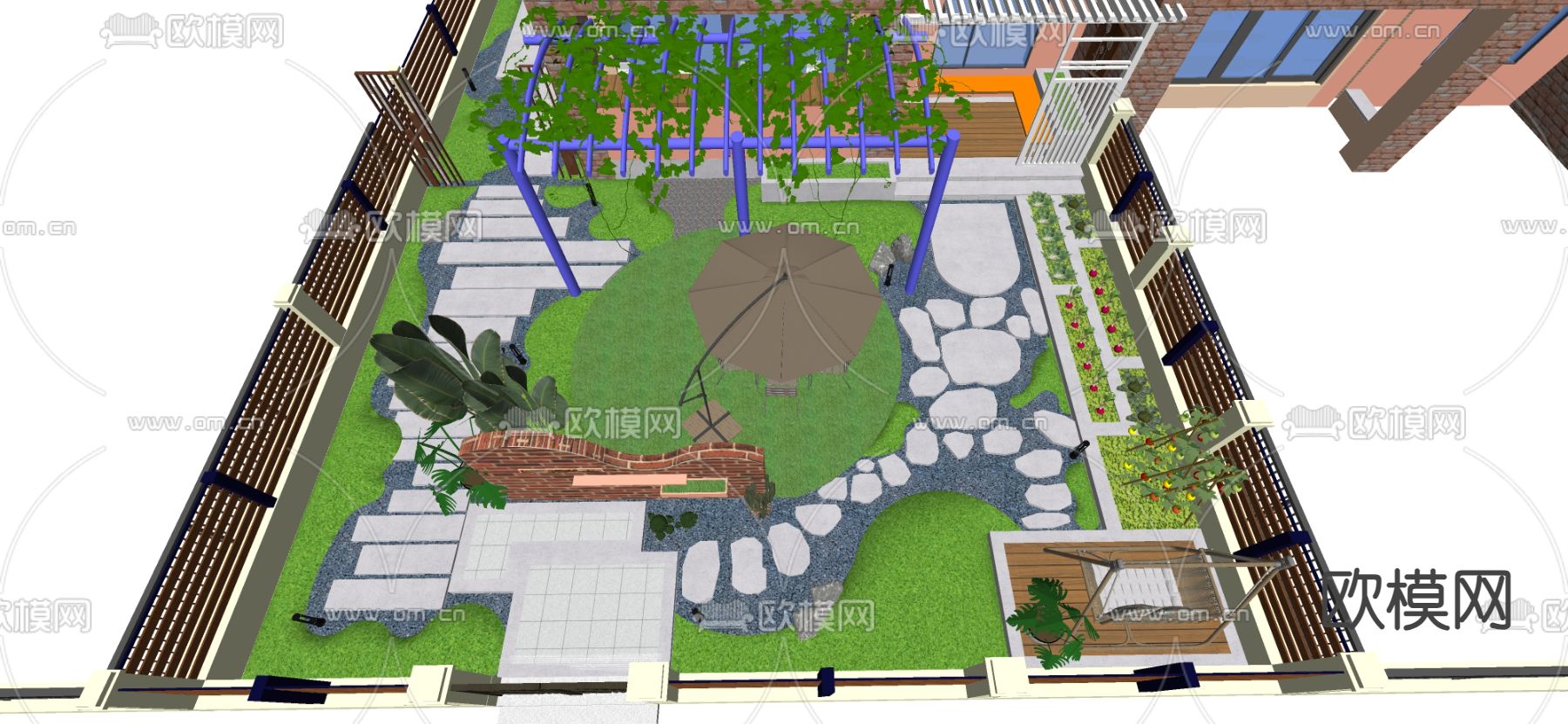 现代别墅园林 景观庭院su模型下载（渲染图1）