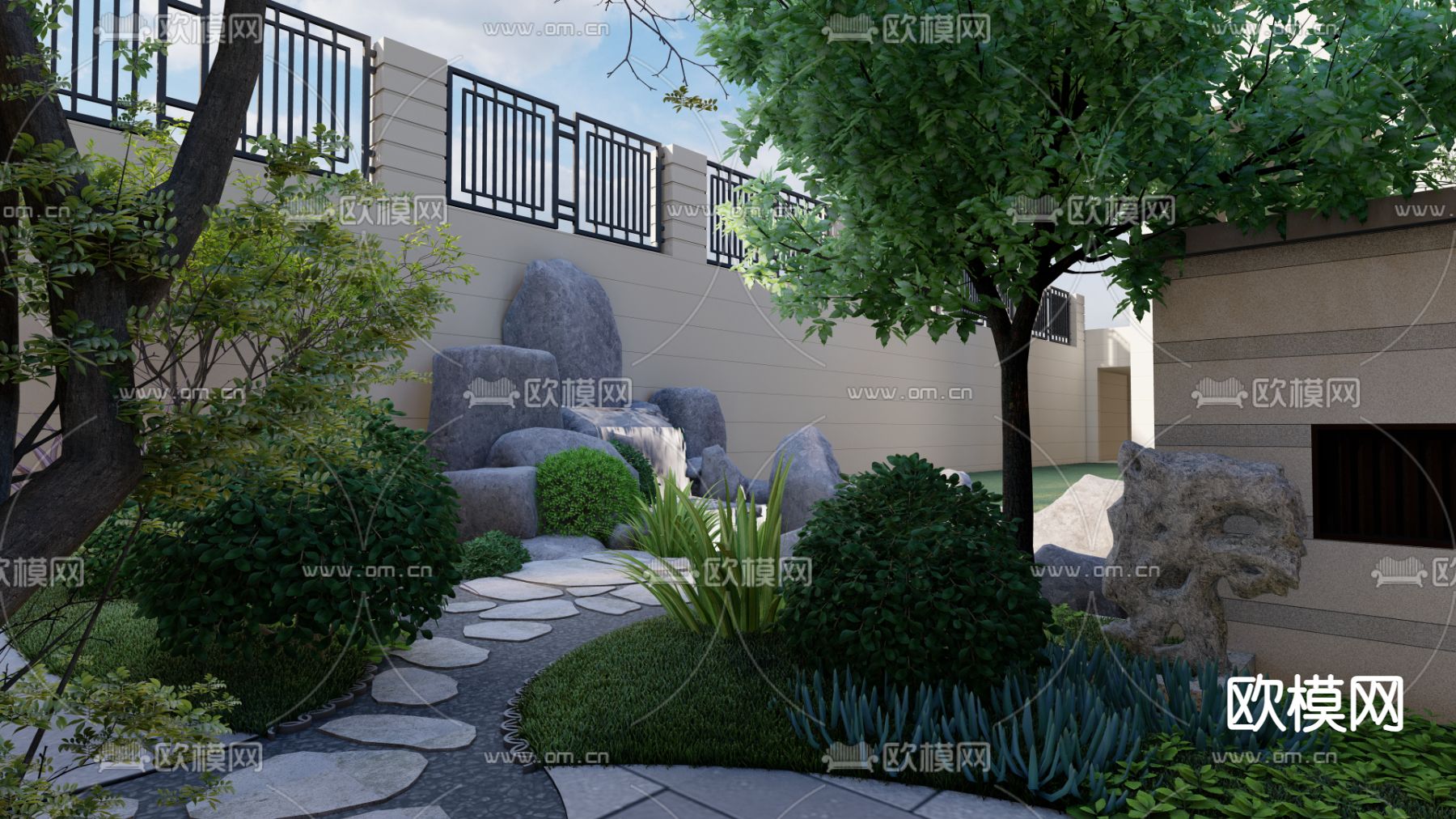 新中式别墅园林 景观庭院su模型下载（渲染图8）