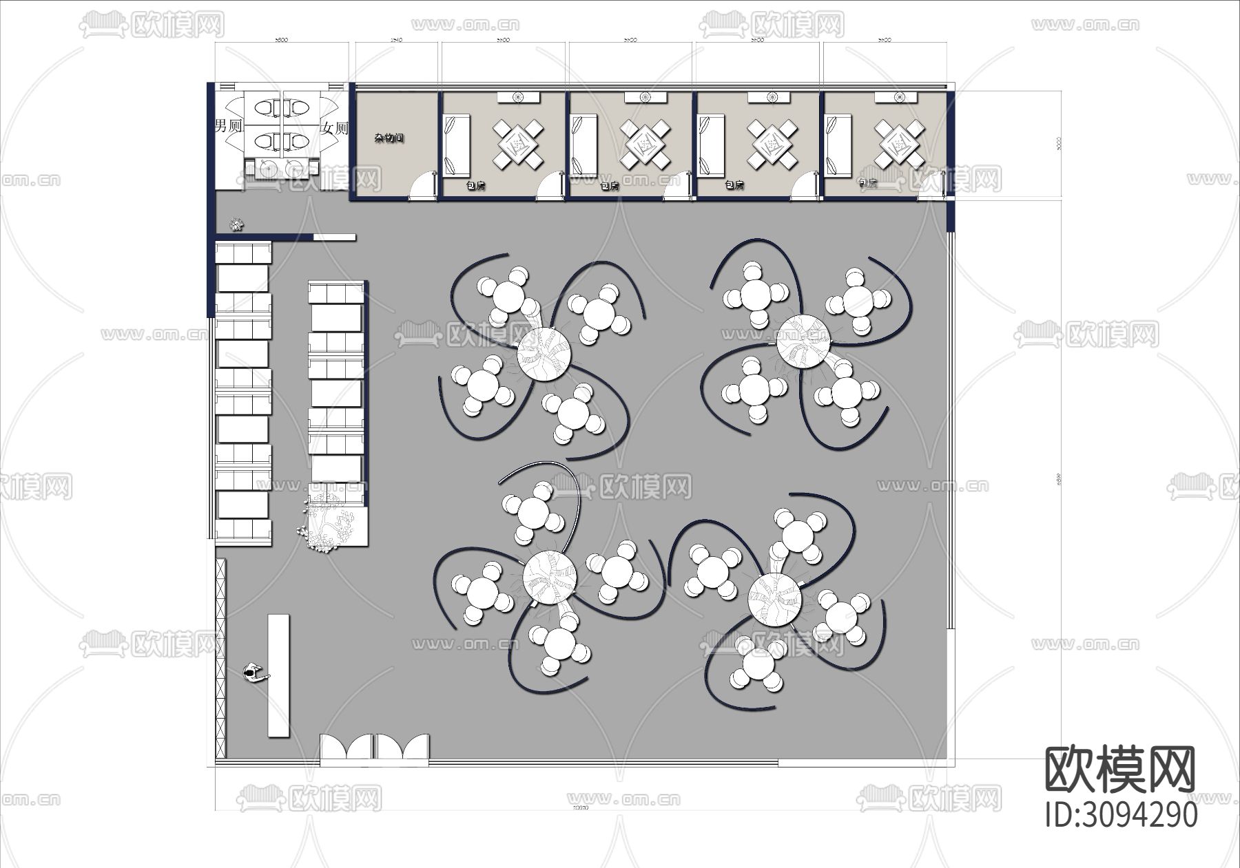 400㎡棋牌室茶楼cad平面图下载（渲染图2）