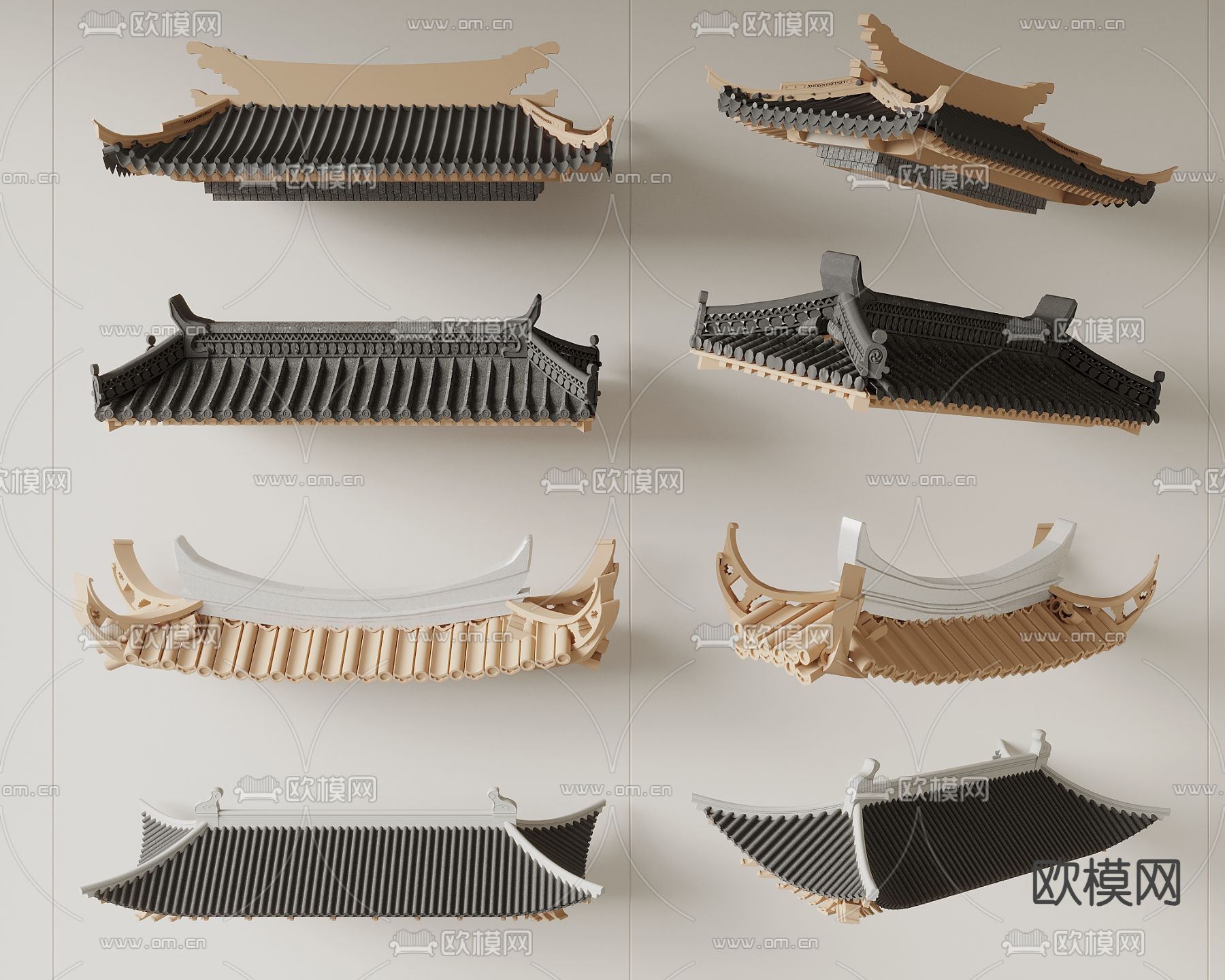 中式屋檐 屋顶 屋脊 瓦片 房檐3d模型下载