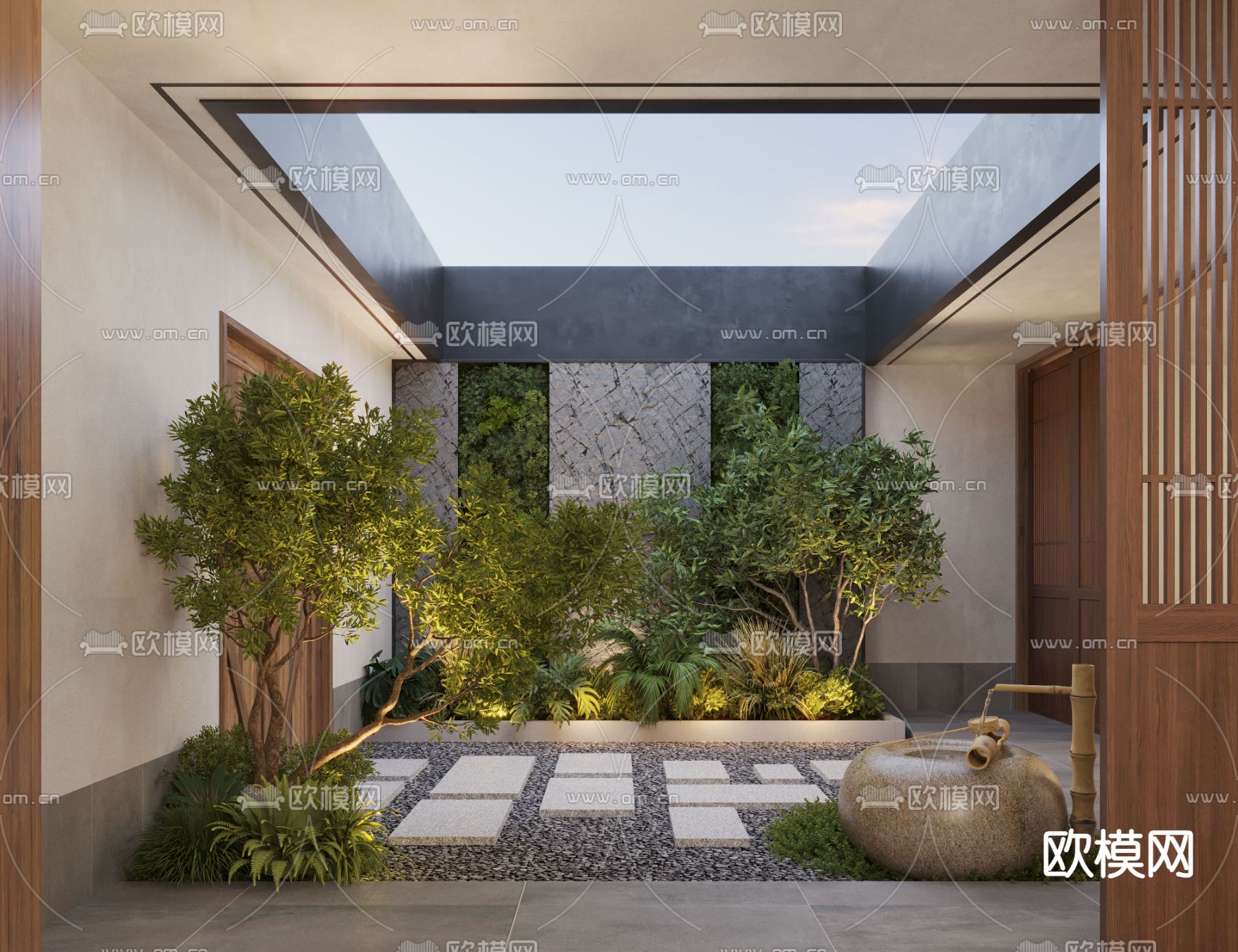 现代天井庭院景观su模型下载（渲染图2）