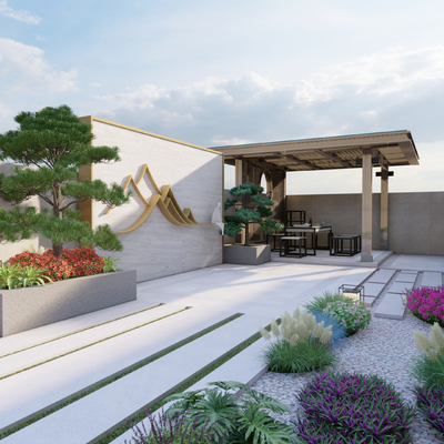  新中式别墅园林 景观庭院su模型 