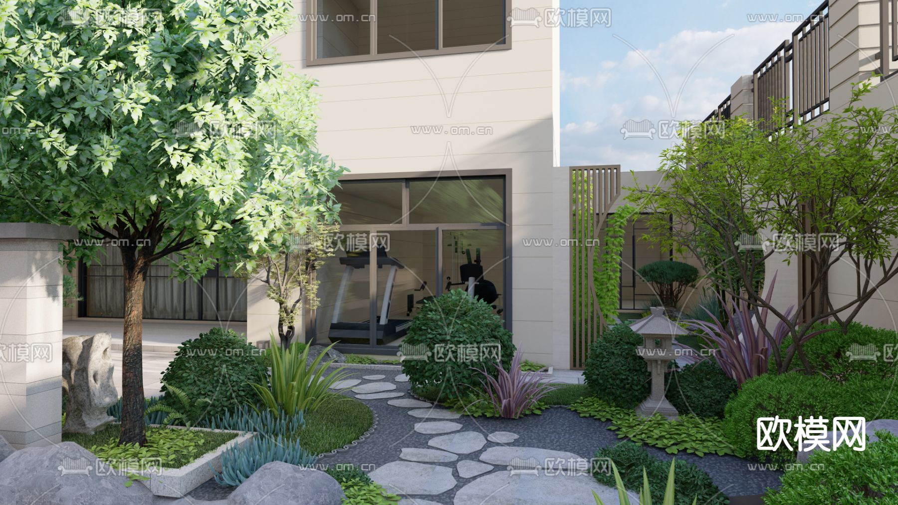 新中式别墅园林 景观庭院su模型下载（渲染图9）