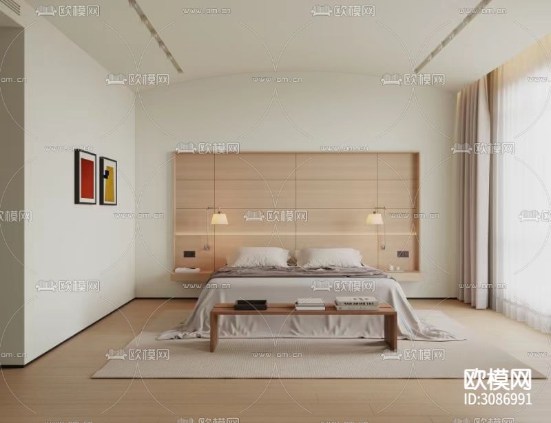 原木风卧室 主卧 主人房装修效果图下载（渲染图1）