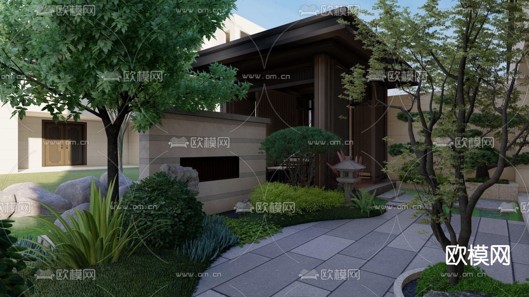 新中式别墅园林 景观庭院su模型下载（渲染图6）