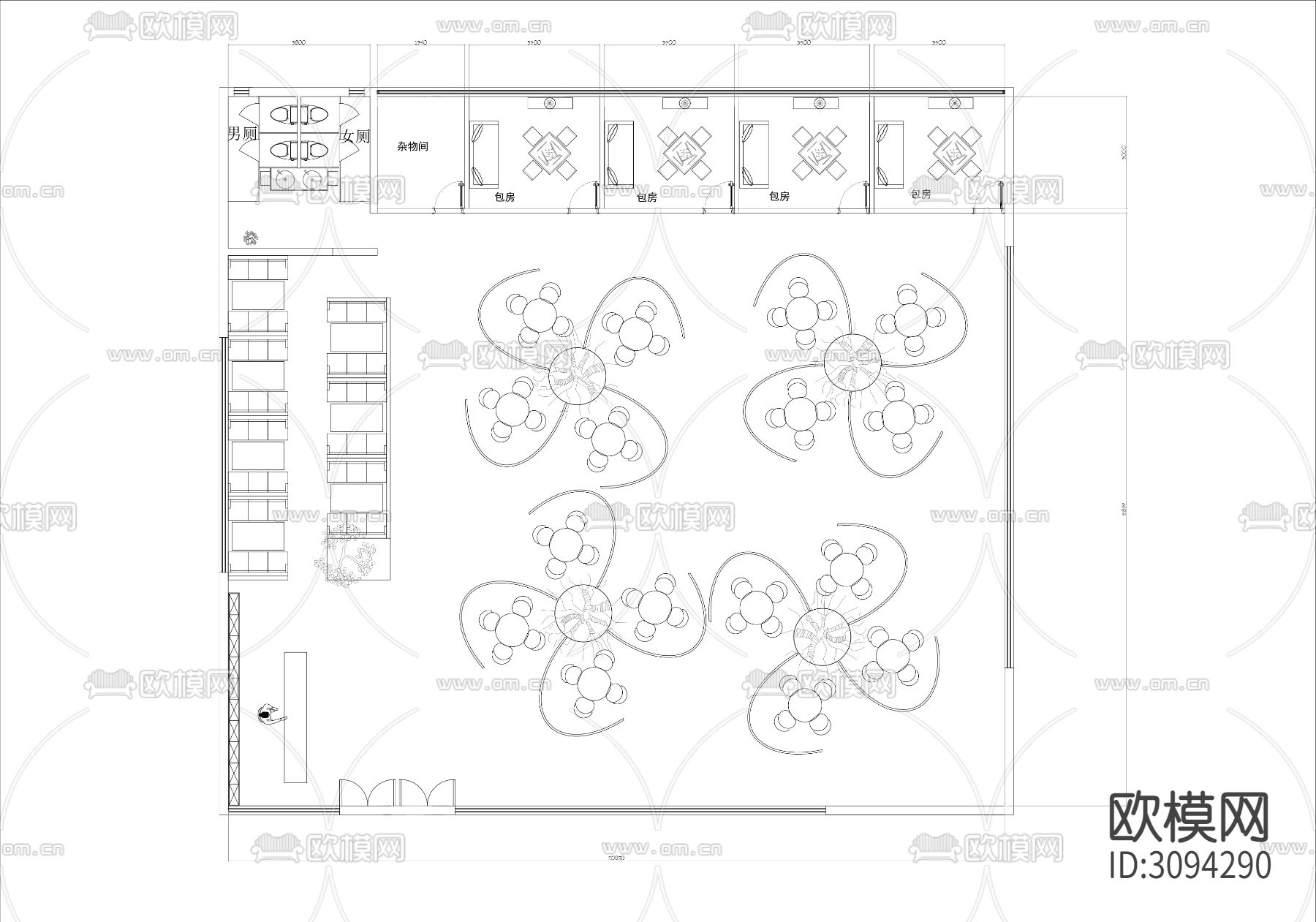 400㎡棋牌室茶楼cad平面图下载（渲染图1）