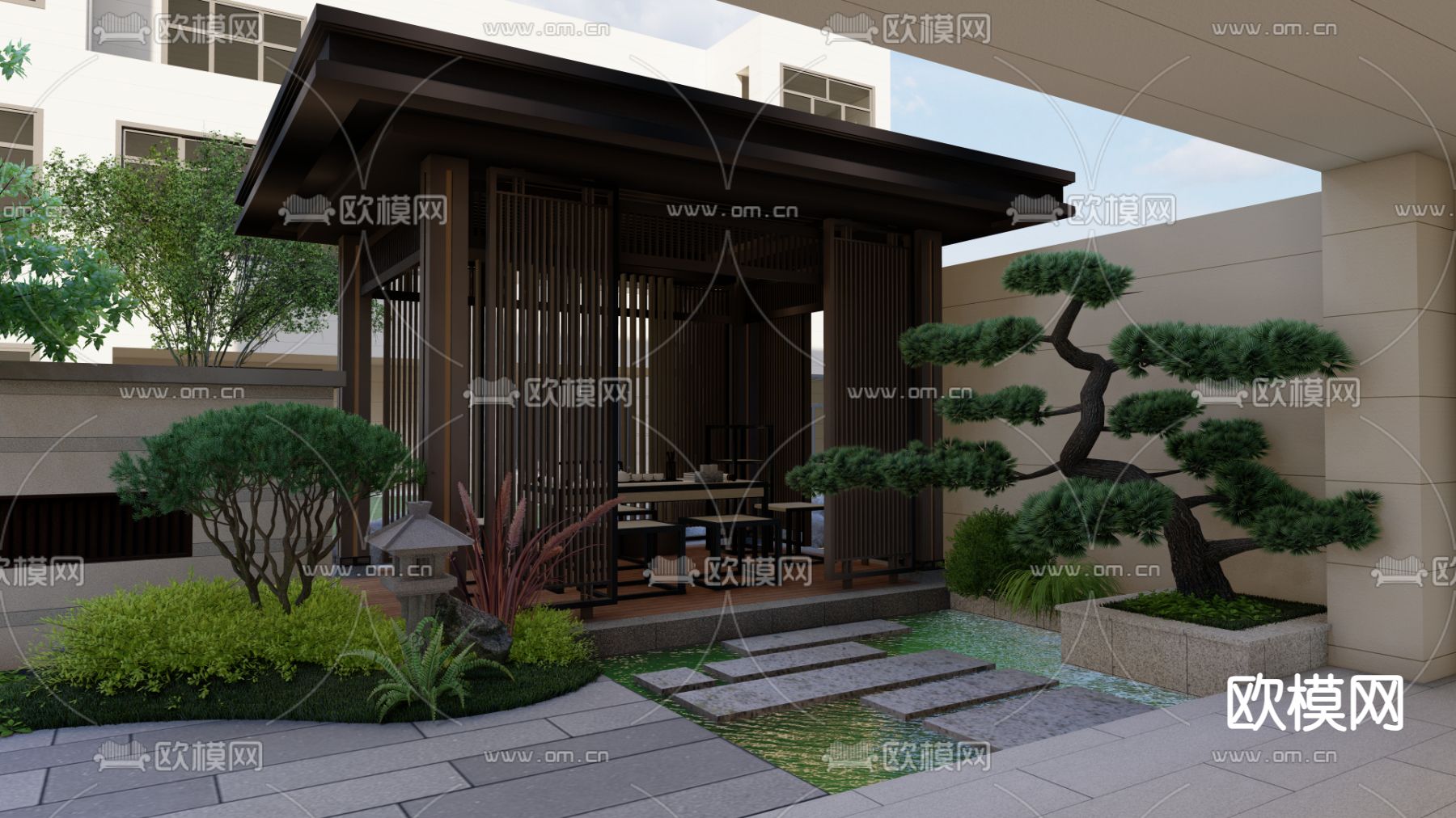 新中式别墅园林 景观庭院su模型下载（渲染图5）