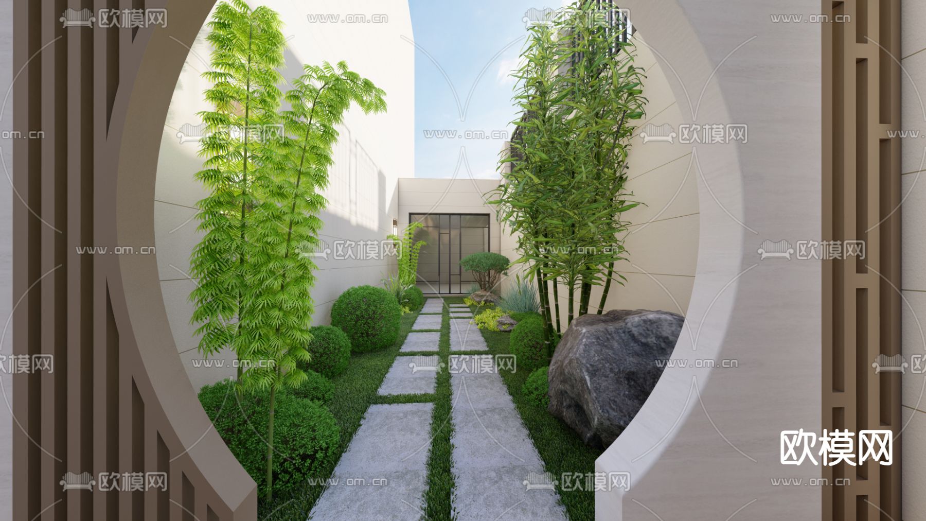 新中式别墅园林 景观庭院su模型下载（渲染图3）