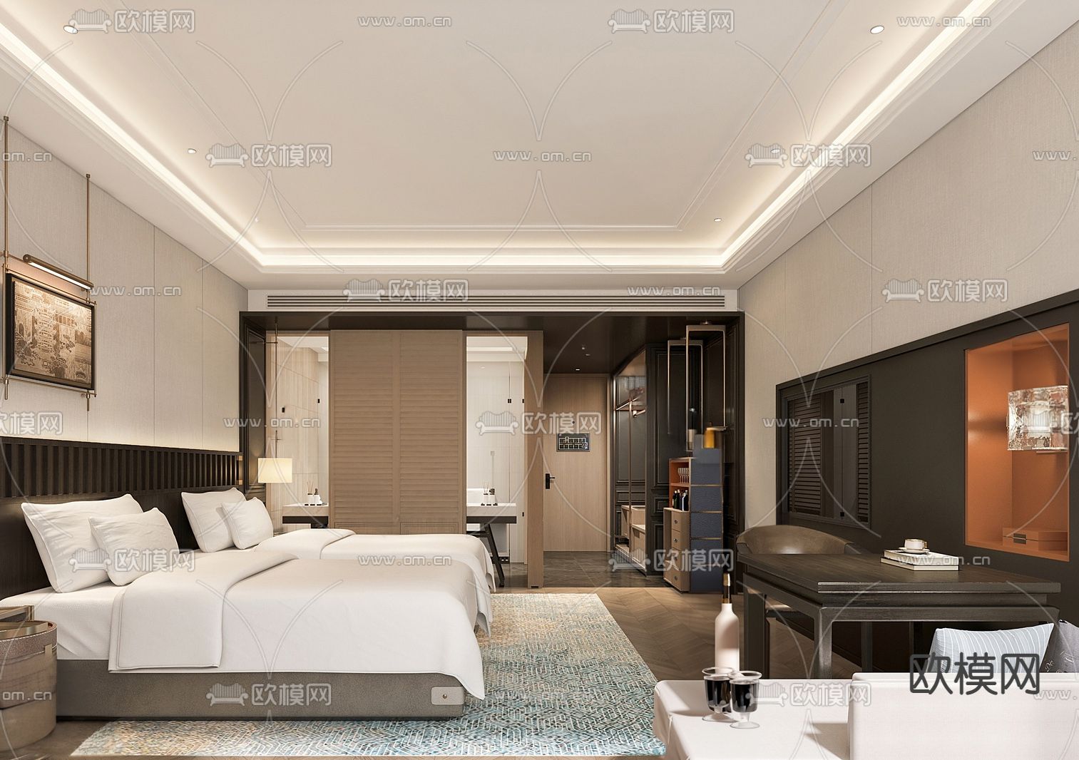 美式酒店客房su模型下载（渲染图2）
