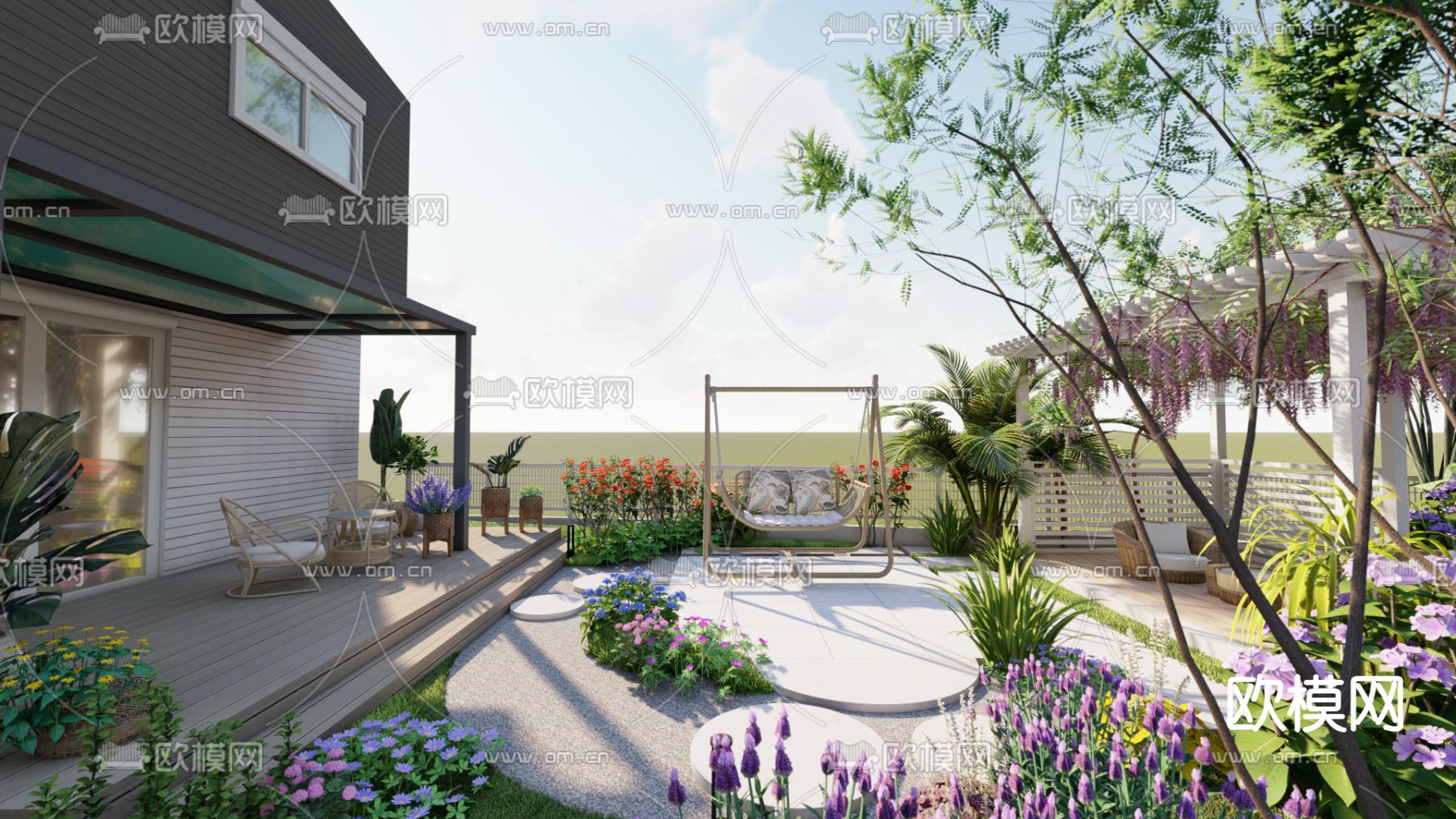 现代别墅园林 景观庭院su模型下载（渲染图4）