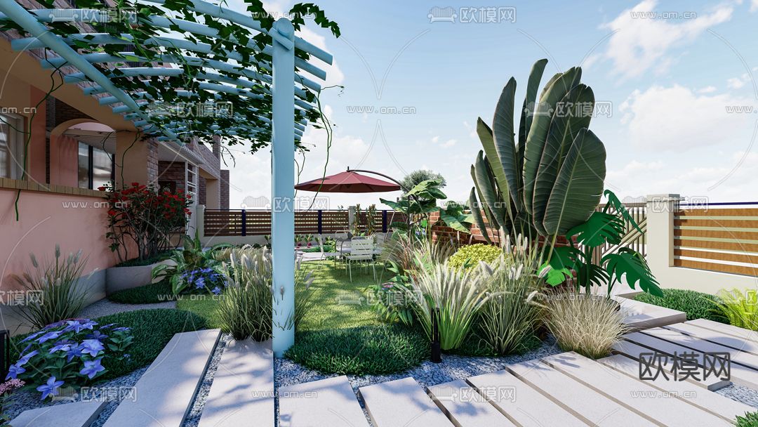 现代别墅园林 景观庭院su模型下载（渲染图2）
