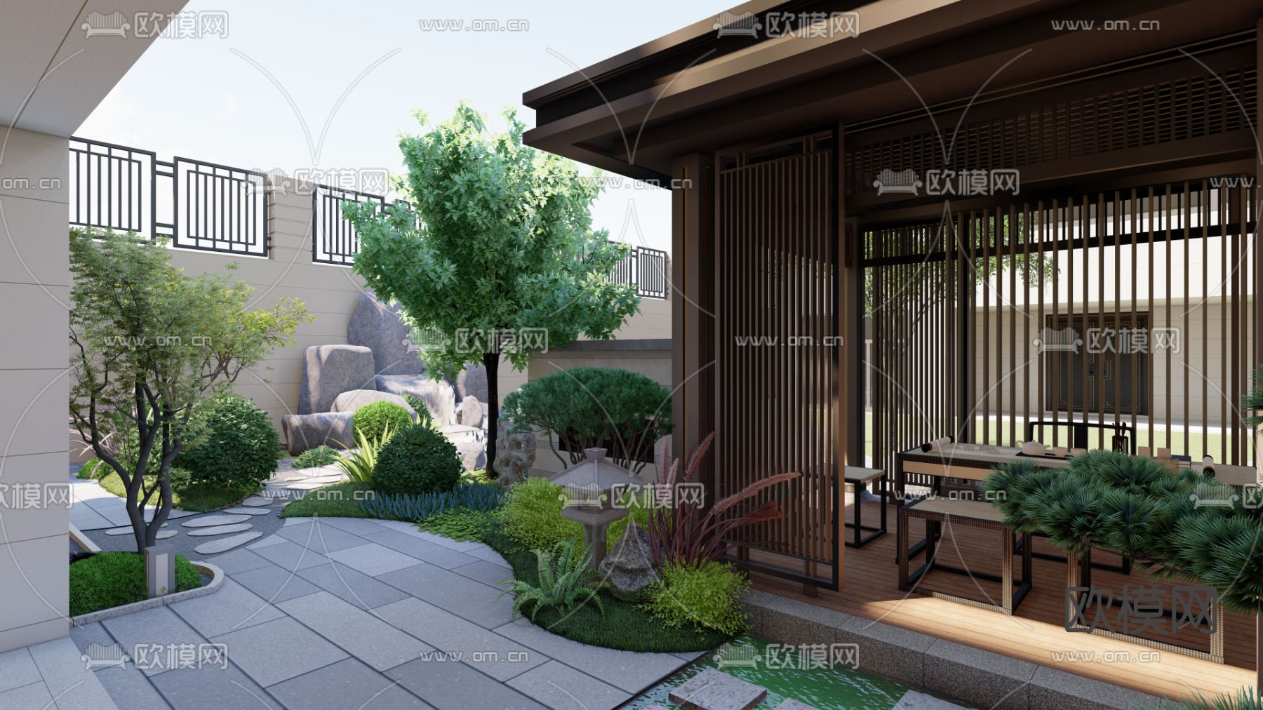 新中式别墅园林 景观庭院su模型下载（渲染图2）