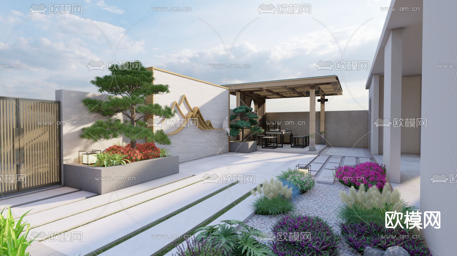 新中式别墅园林 景观庭院su模型下载（渲染图3）