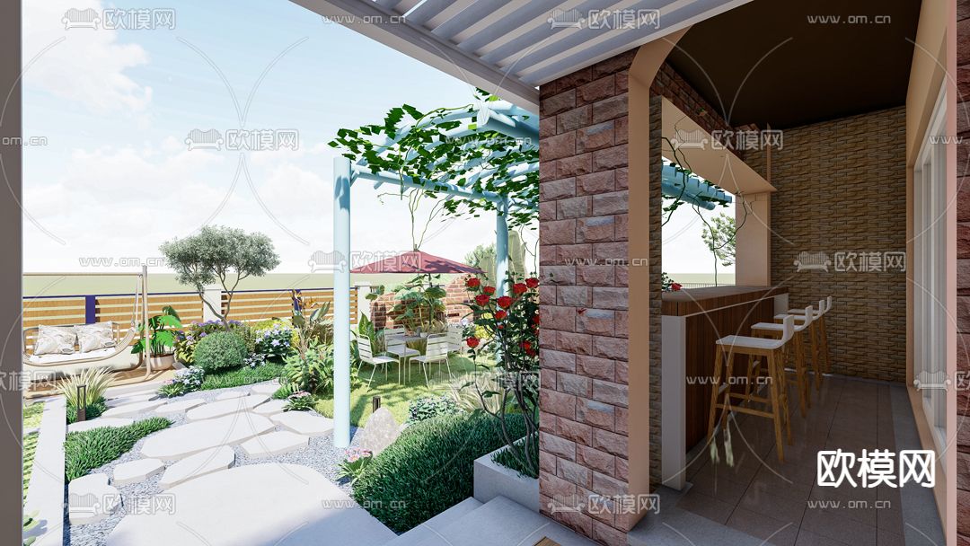 现代别墅园林 景观庭院su模型下载（渲染图6）