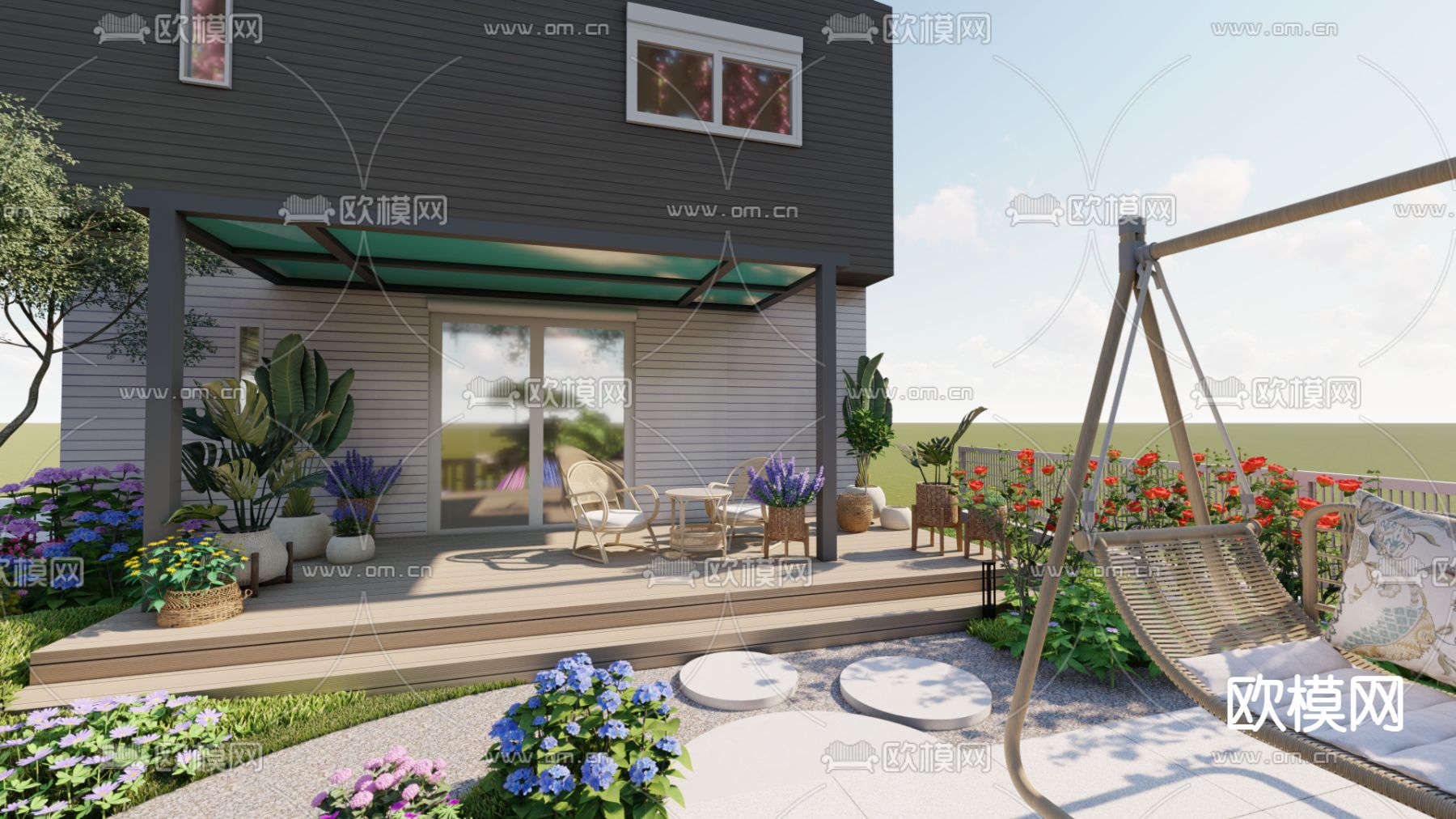 现代别墅园林 景观庭院su模型下载（渲染图2）