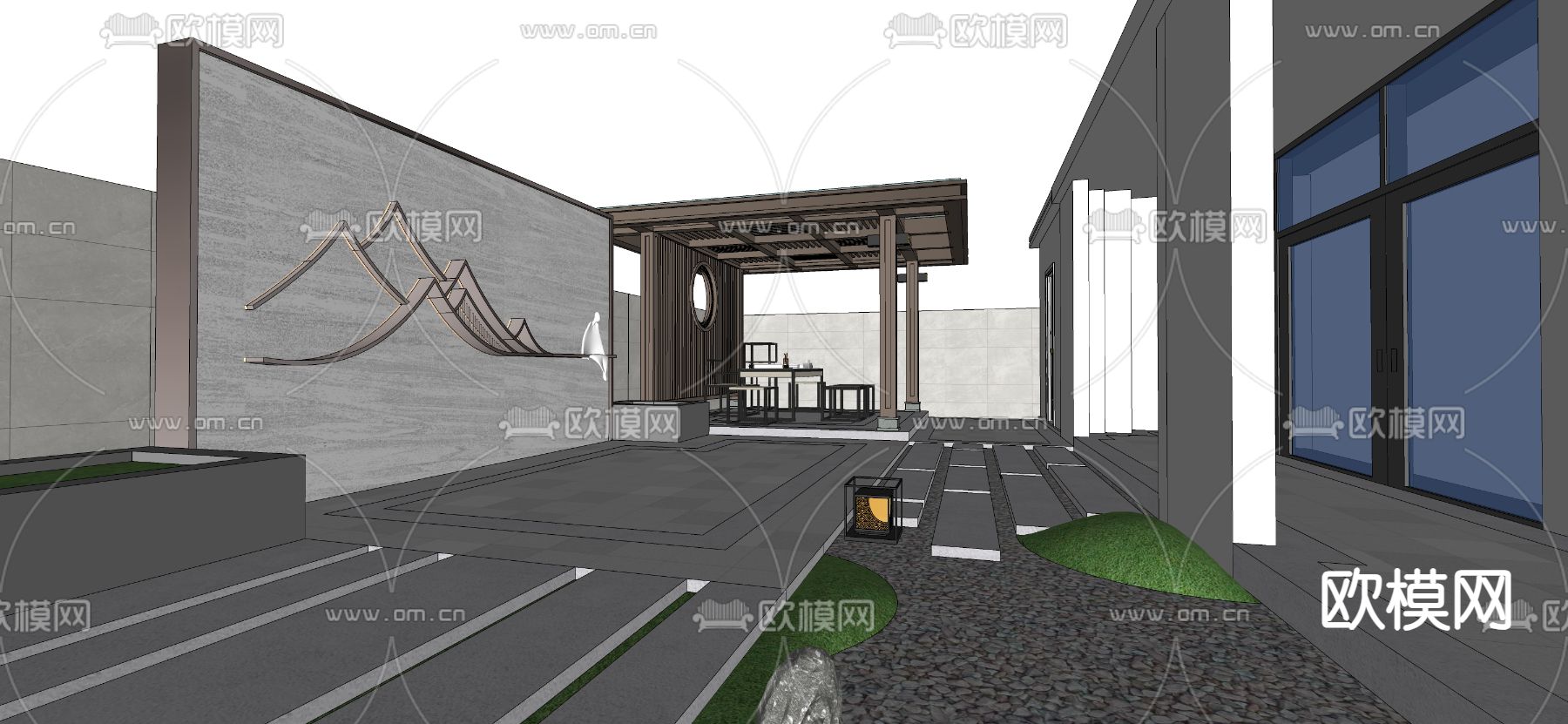 新中式别墅园林 景观庭院su模型下载（渲染图1）