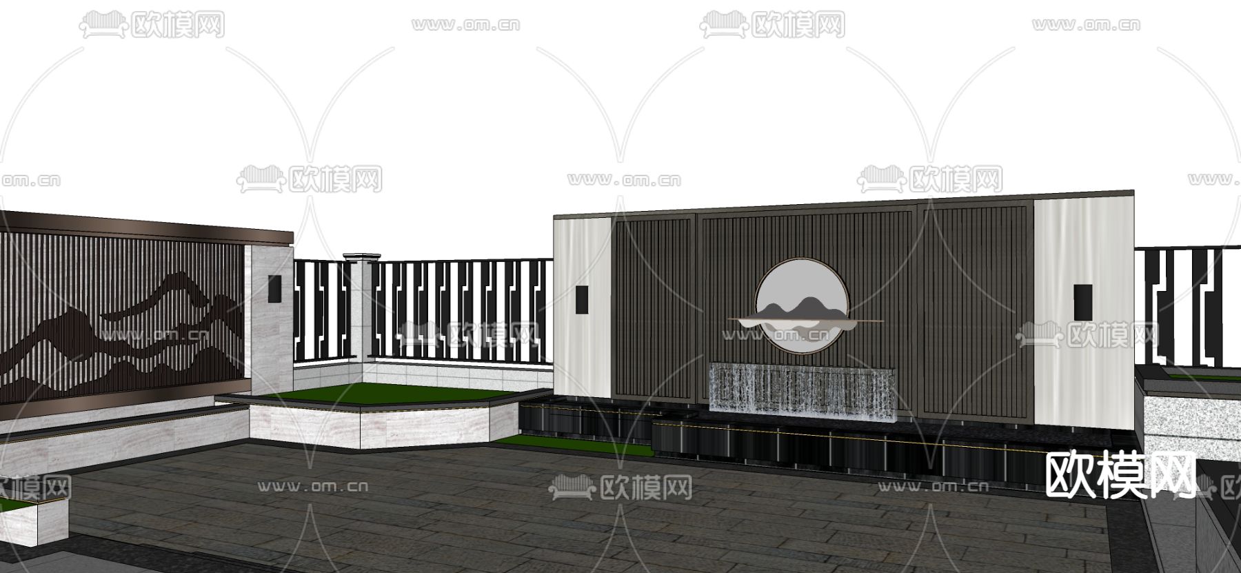 新中式别墅园林 景观庭院su模型下载（渲染图1）