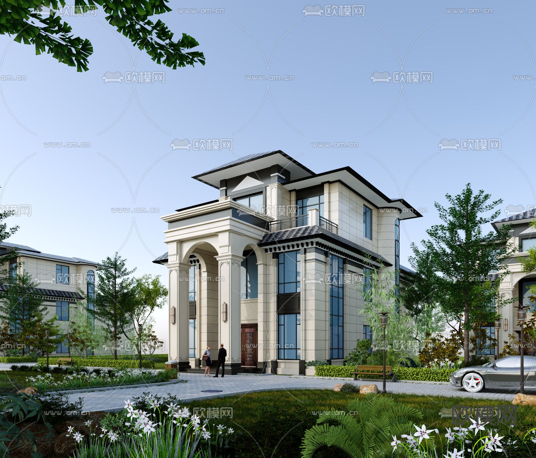 新中式别墅外观3d模型下载