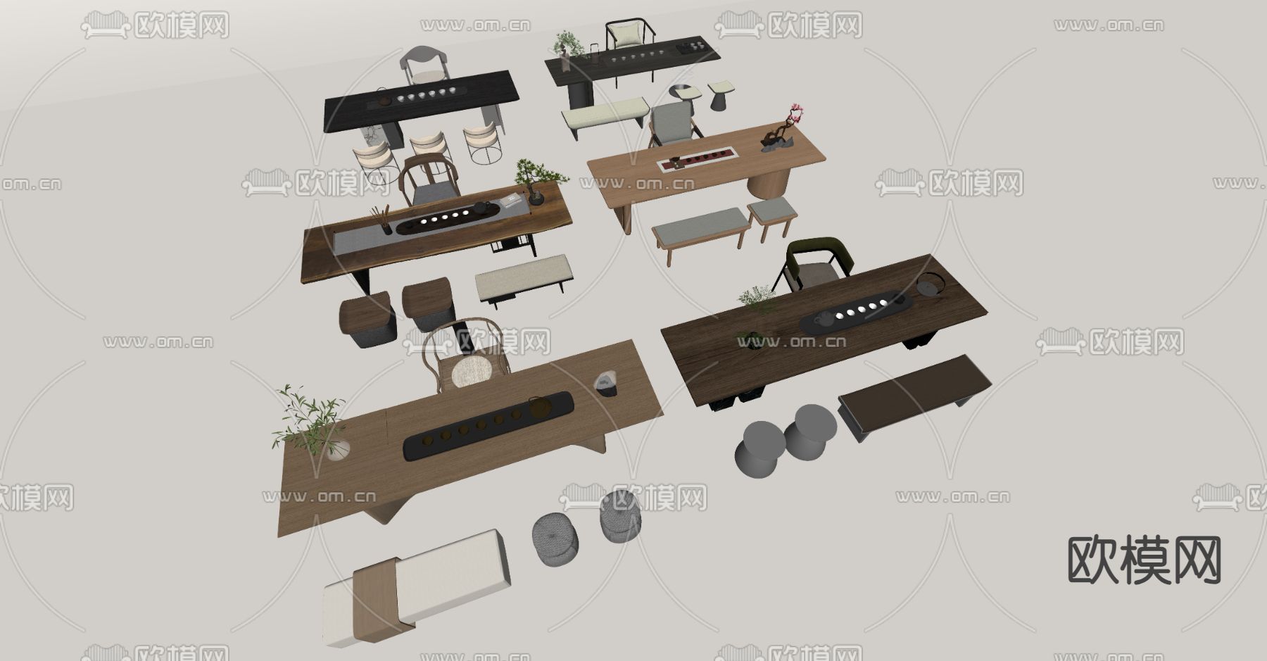 新中式茶台 茶桌 茶桌椅 茶具su模型下载（渲染图1）