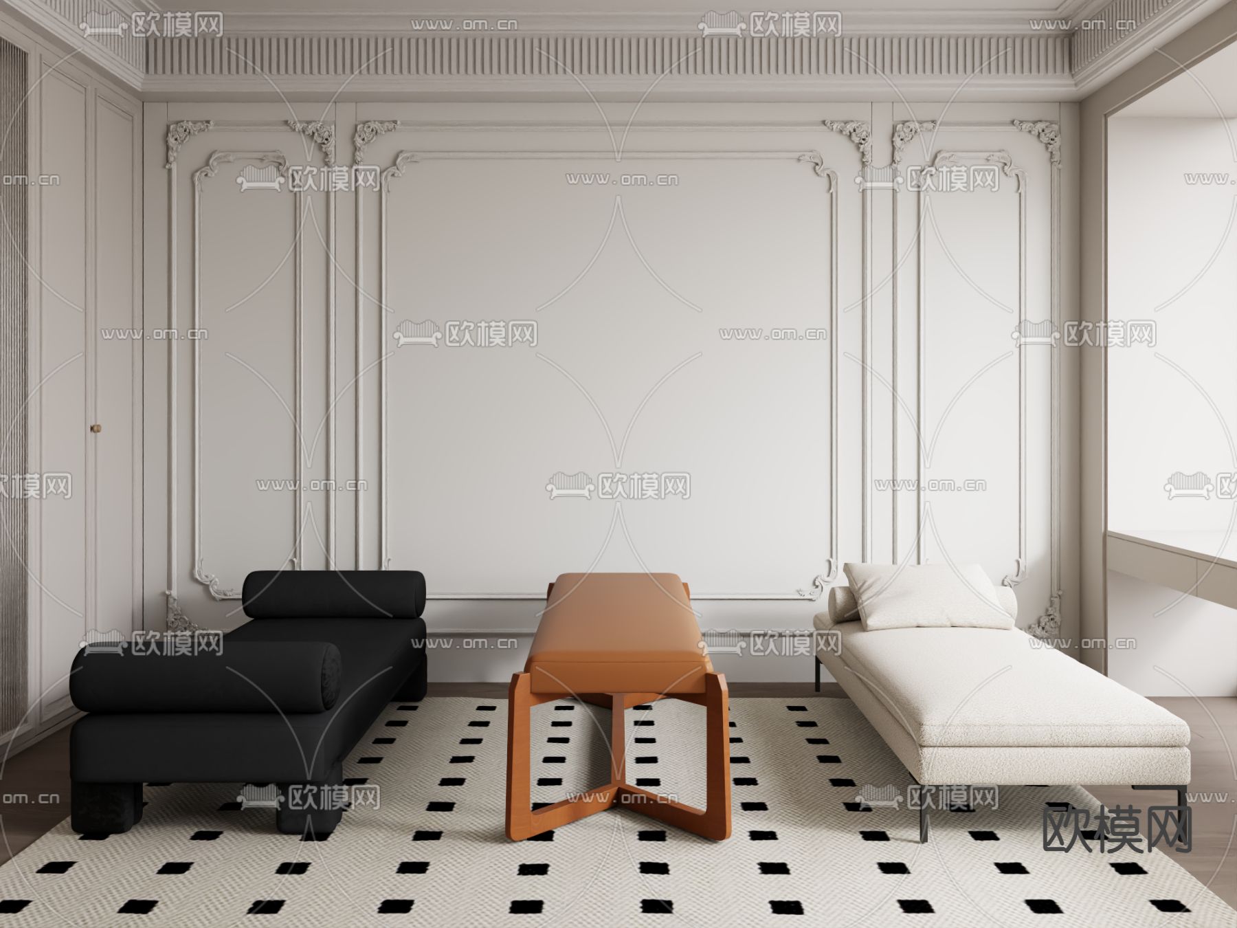 现代脚踏 床尾凳 沙发凳 长凳3d模型下载