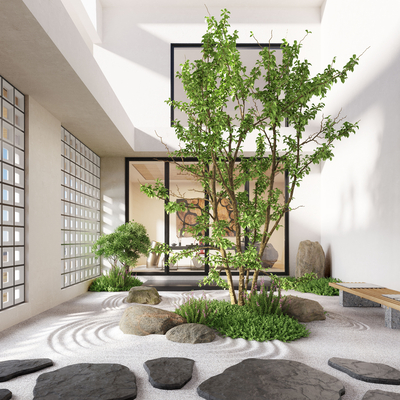  现代天井庭院景观su模型 