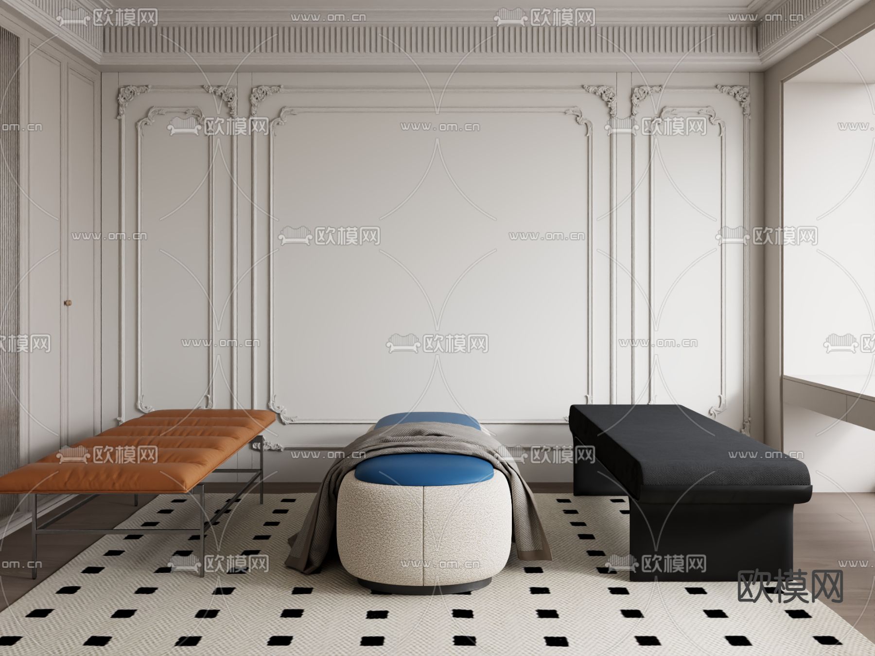 现代脚踏 床尾凳 沙发凳 长凳3d模型下载