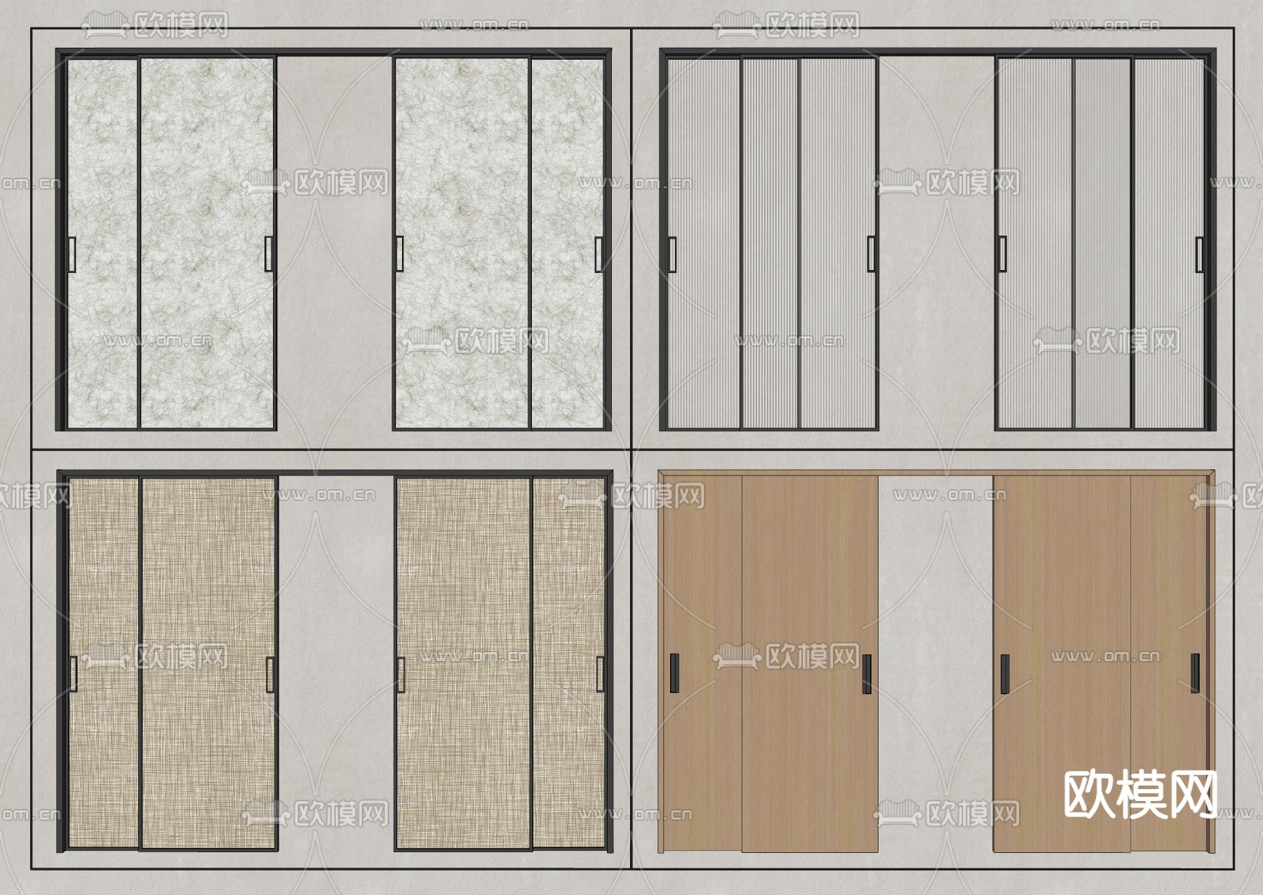 现代玻璃推拉门 夹丝玻璃门 移门 折叠门su模型