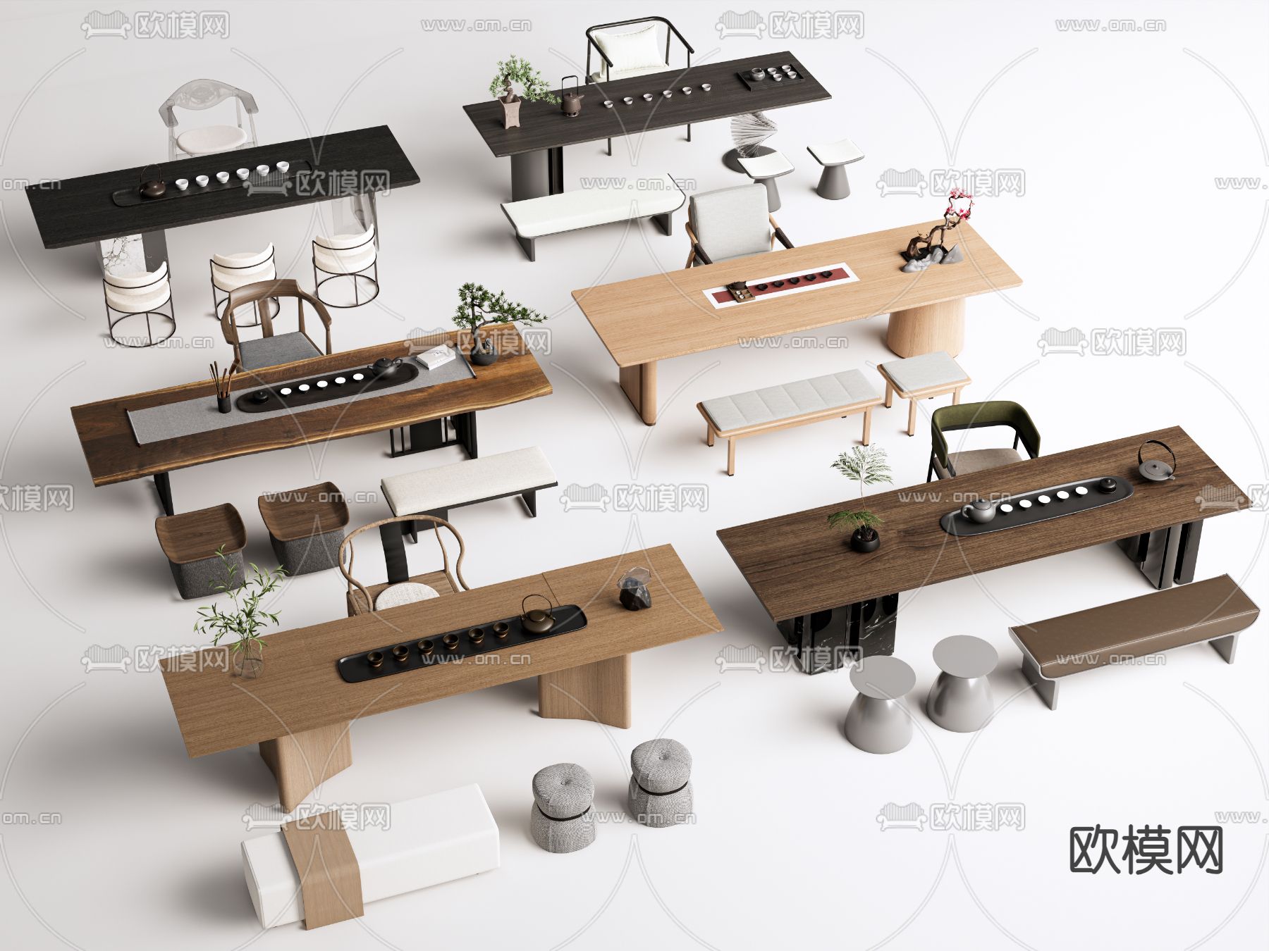 新中式茶台 茶桌 茶桌椅 茶具su模型下载（渲染图2）