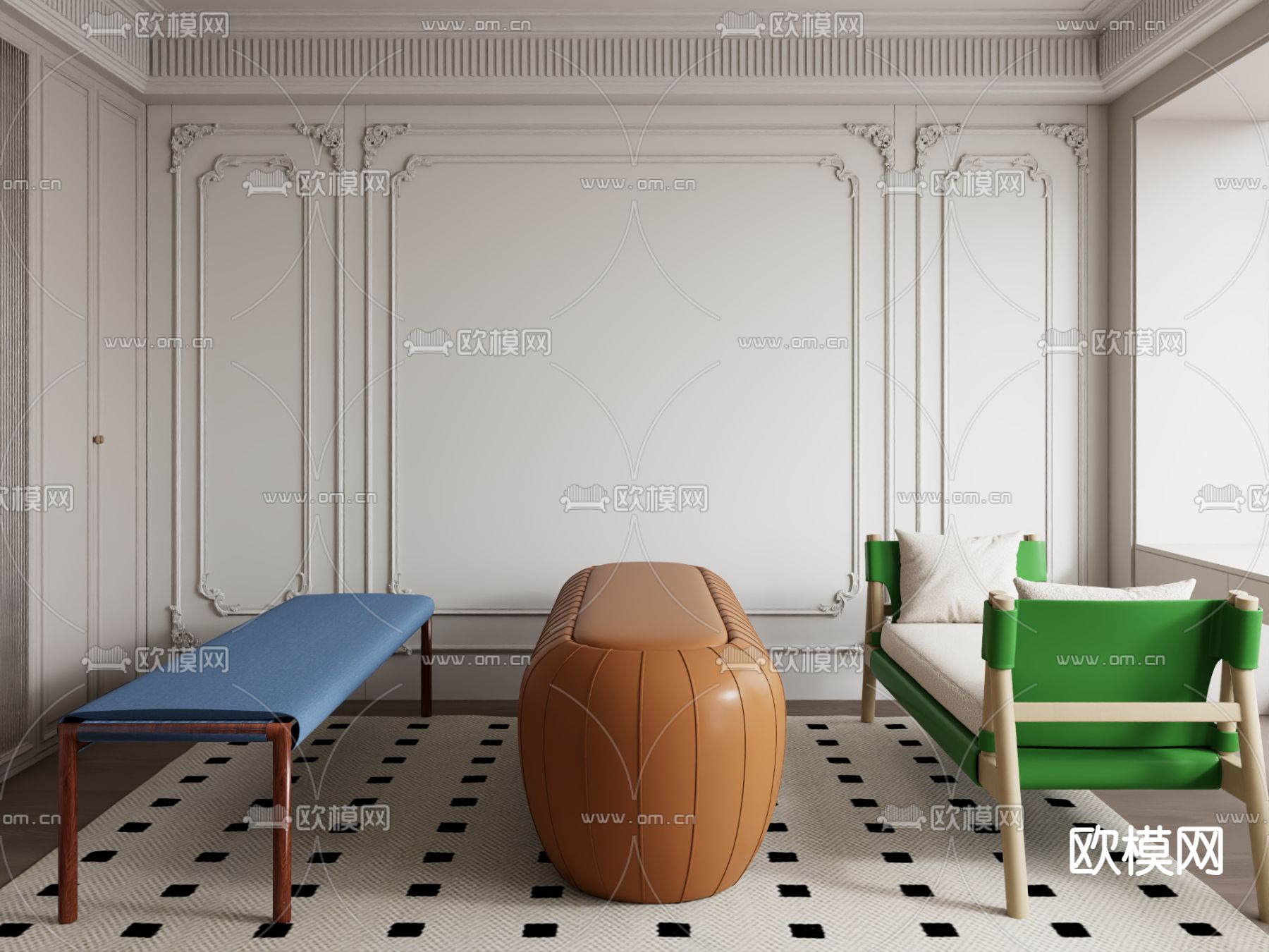 现代脚踏 床尾凳 沙发凳 长凳3d模型下载