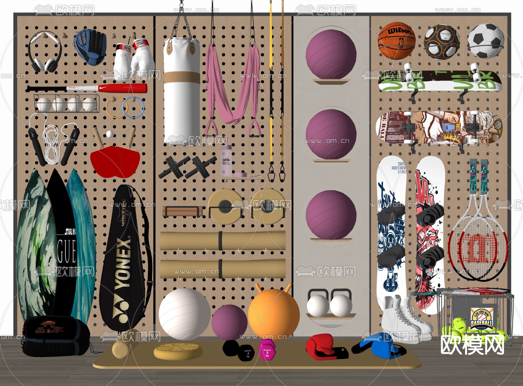 健身器材 瑜伽垫 滑板 冲浪滑 板拳击 沙袋su模型下载（渲染图1）