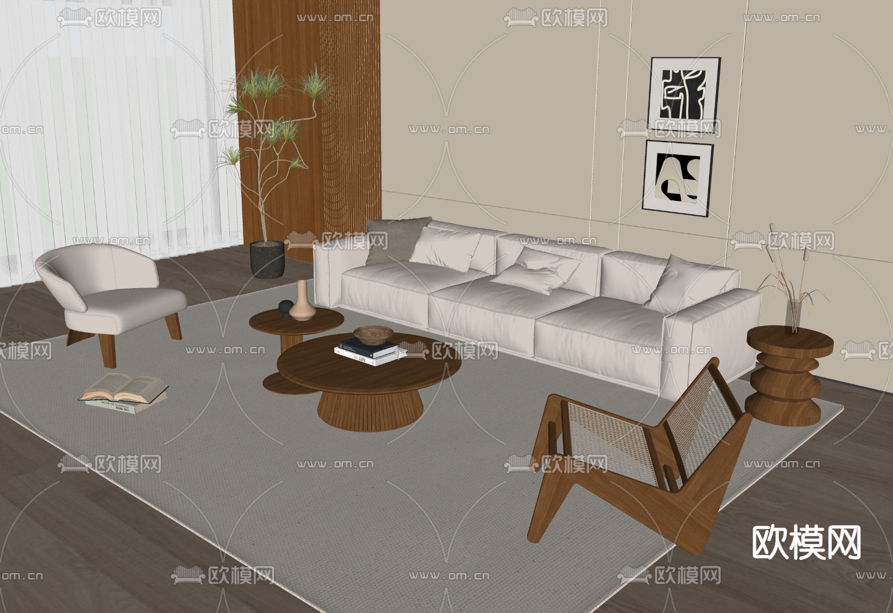 中古风组合沙发su模型下载（渲染图1）