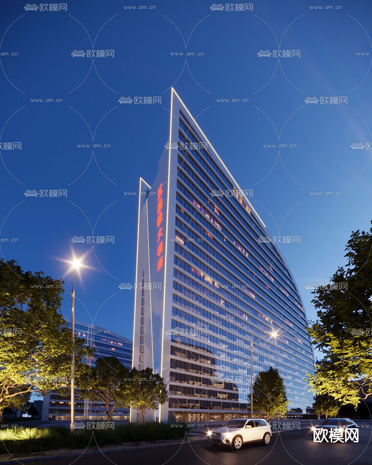 办公楼外观夜景3d模型下载