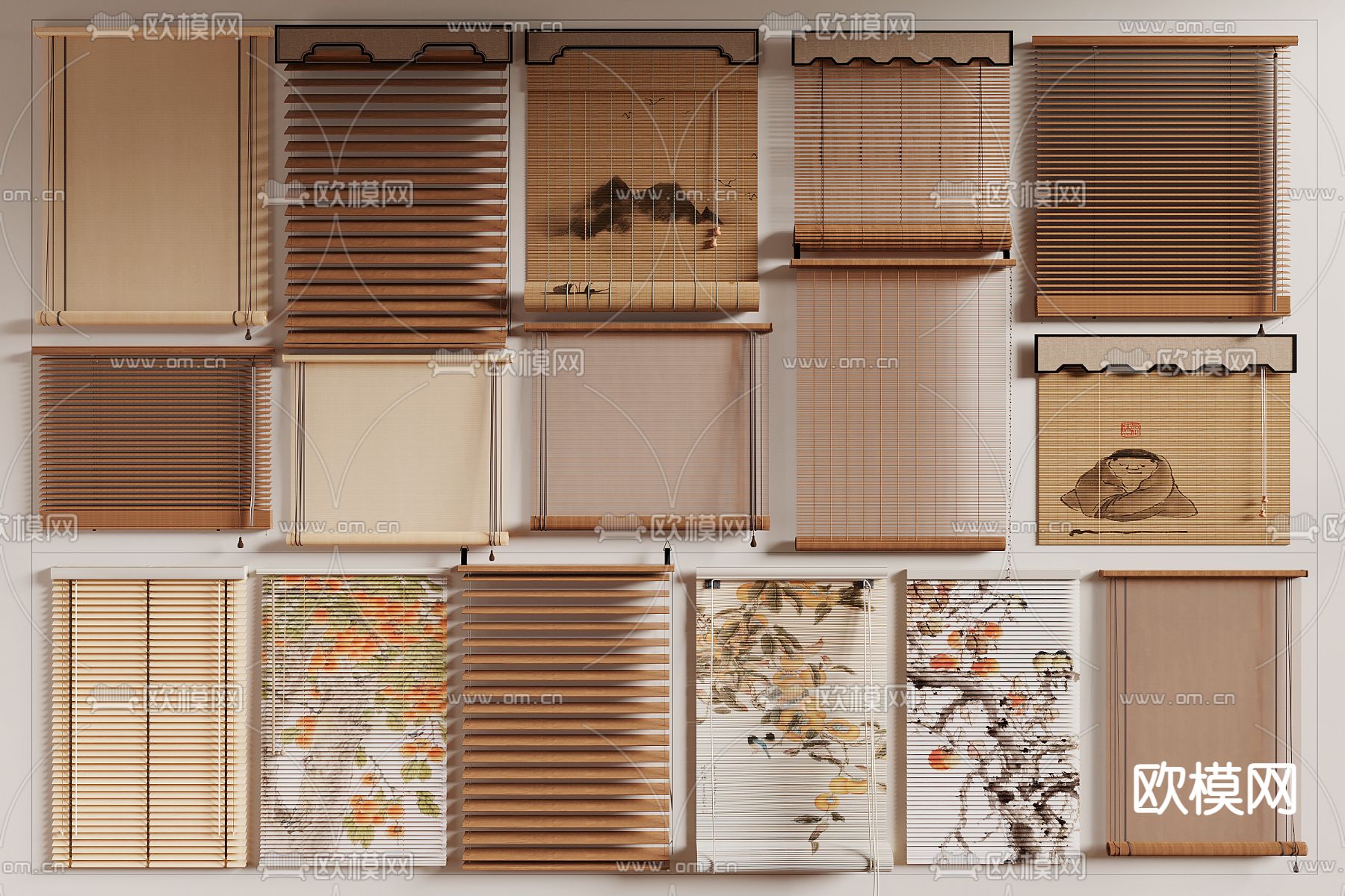 新中式窗帘 百叶帘 卷帘 竹帘 拉帘3d模型下载