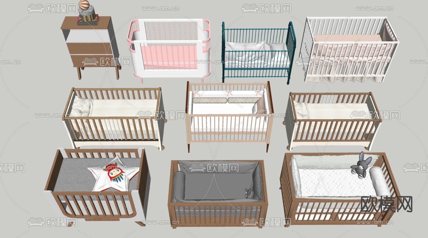 现代婴儿床 婴儿车su模型下载（渲染图1）