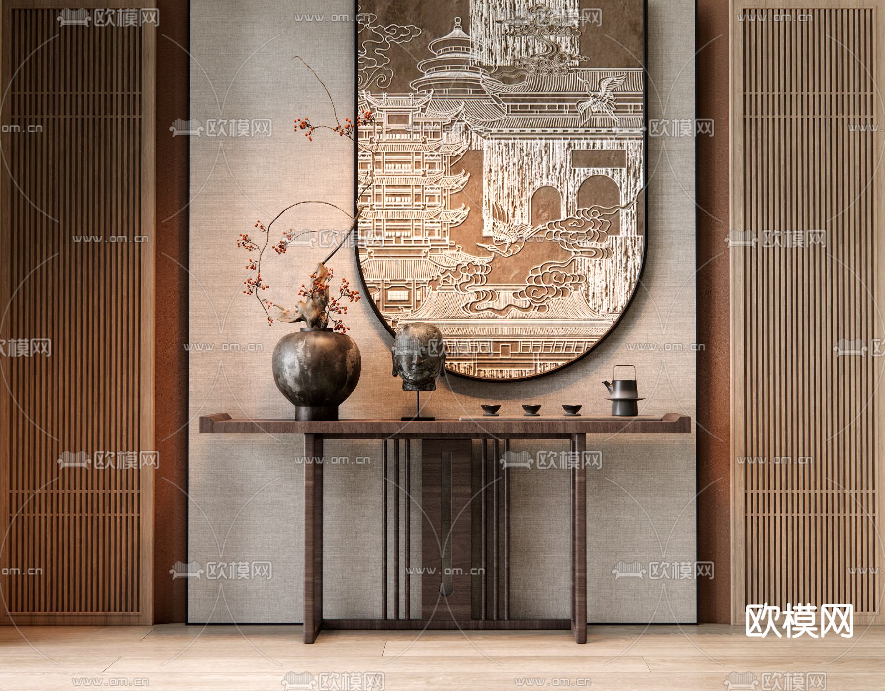 新中式端景台 条案3d模型下载
