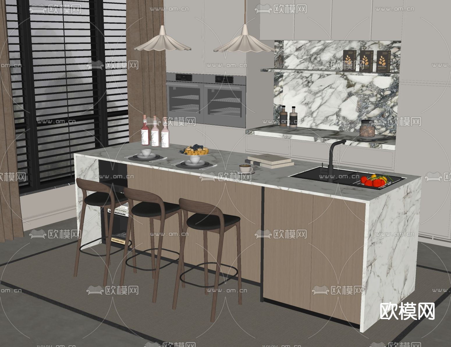 现代吧台吧椅su模型下载（渲染图1）