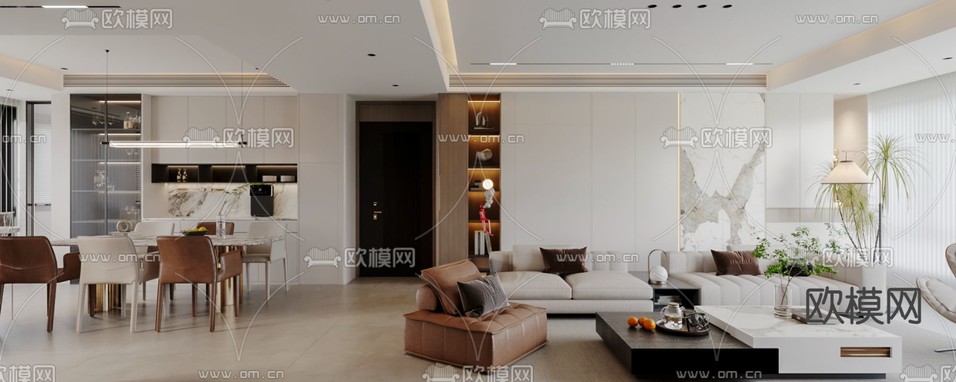 现代客厅 餐厅3d模型下载(渲染图1)