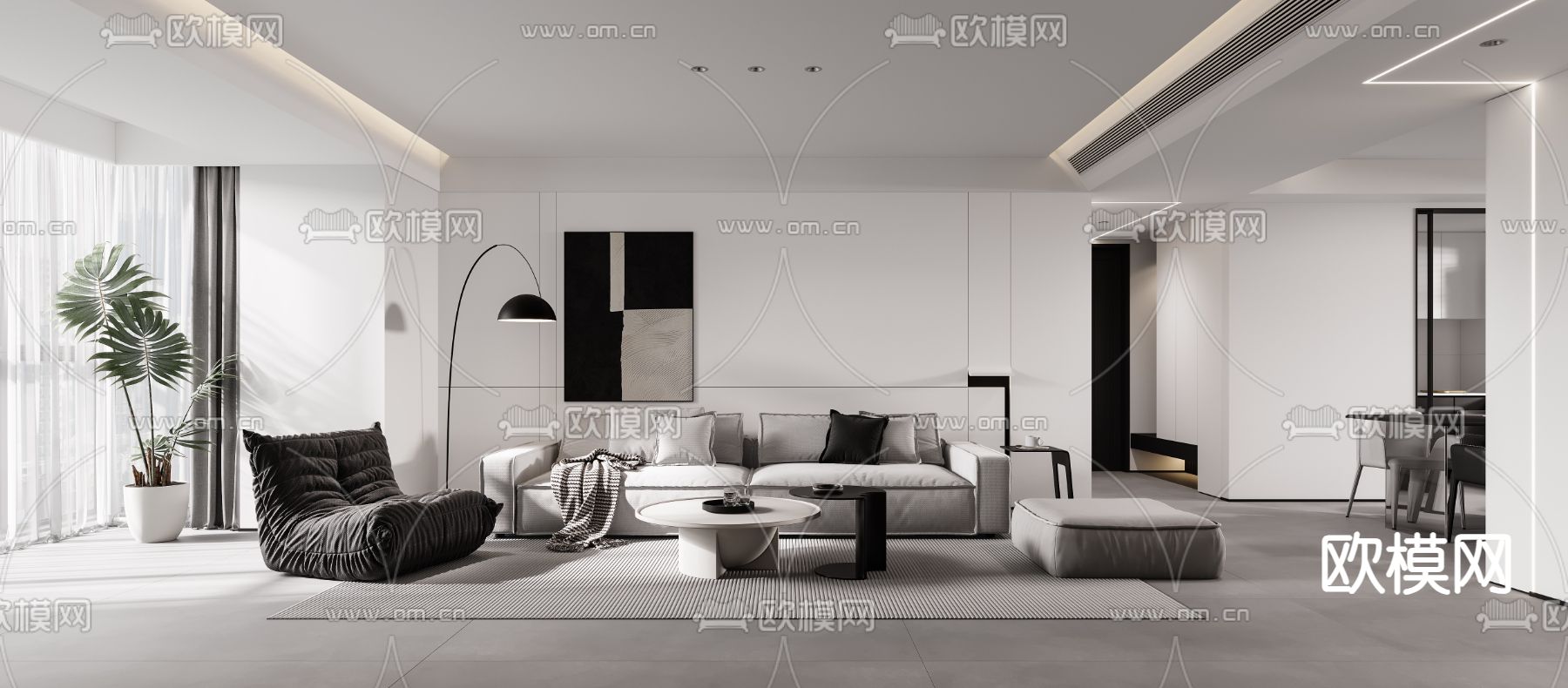 黑白灰客餐厅3d模型下载（渲染图1）
