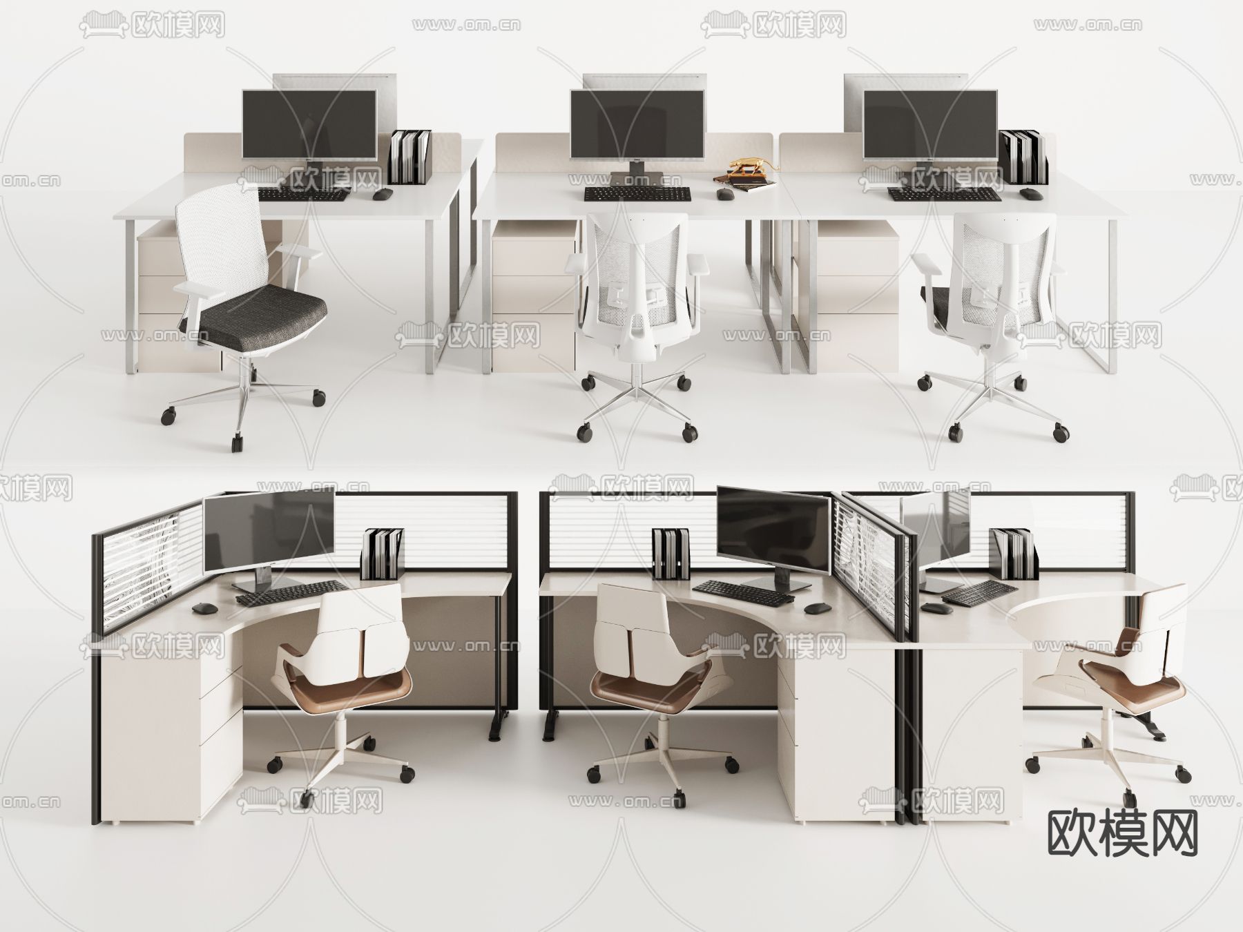 卡位办公桌 职员桌 半封闭工位3d模型下载